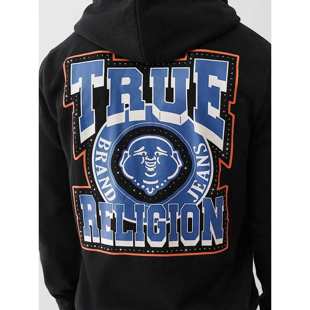 True Religion‎ Studded Retro Logo Zip Black Hoodie Size Large Exclusive